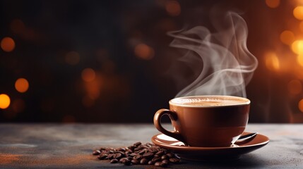 Cozy coffee cup, steam with blurred background for text