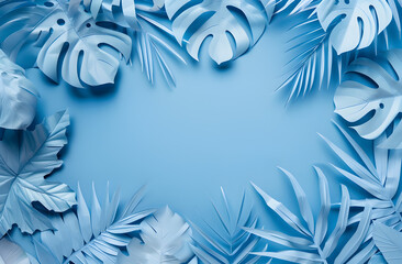 A Serene Collection of Tropical Leaves and Foliage in Hues of Blue with a Spacious Background