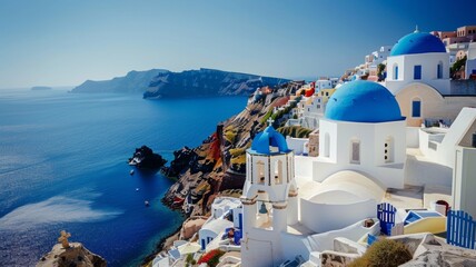 Explore the scenic beauty of Oia, Santorini, for an unforgettable Greek island travel experience. - obrazy, fototapety, plakaty
