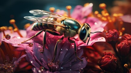 Detailed close-up of insect on a flower, blurred for text - obrazy, fototapety, plakaty