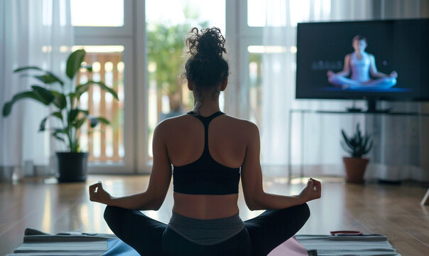 woman doing yoga exercise at home looking at online tutorial on tv.