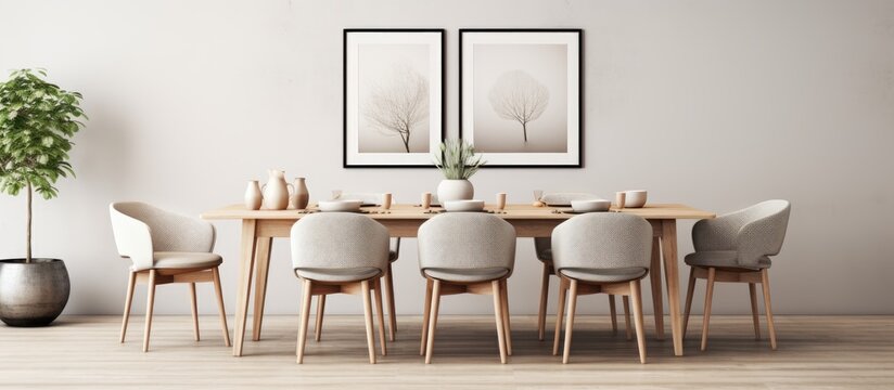 Modern Scandinavian dining room interior design with mockup poster frame wooden table furniture coffee cup flowers cement fruits and chic accessories Ready to use layout for contemporary hom