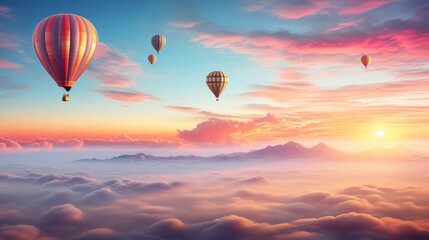Obraz premium Hot air balloons at sunrise, distant horizon with text space