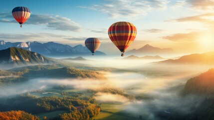 Hot air balloons over a misty valley, dreamy adventure