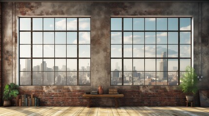 Industrial loft windows, urban view with lower text space