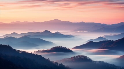 Misty mountain range, sunrise hues