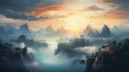 Foto op Plexiglas Guilin Misty mountains at dawn, tranquil