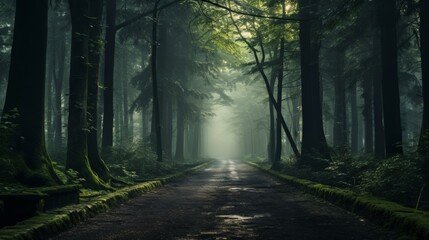 Obraz premium Misty road leading through forest, mysterious with top text area