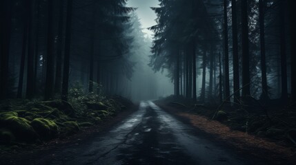 Misty road leading through forest, mysterious with top text area - obrazy, fototapety, plakaty