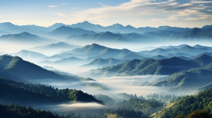 Fototapeta premium Morning mountain mist, ethereal layers with top copy area