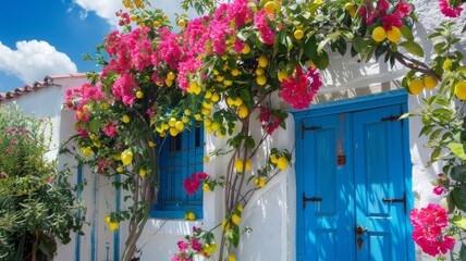 Fototapeta na wymiar Colorful Santorini flowers and lemons embody an English cottage style with vibrant hues.