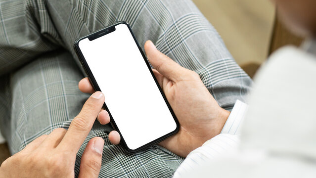 Man using smartphone blank screen, Mockup image blank white screen cell phone.background empty space for advertise text.people contact marketing business and technology