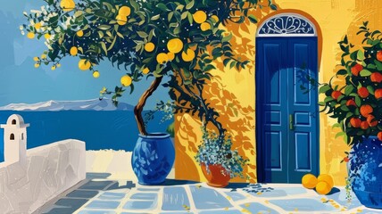 Colorful Santorini flowers and lemons embody an English cottage style with vibrant hues.