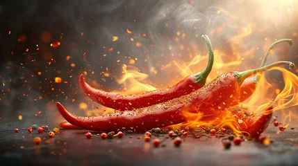 Papier Peint photo Lavable Piments forts Hot red chili with fire effect, hot chili