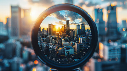 A closeup of a camera lens capturing a stunning panoramic view of a cityscape with AR labels overlayed on different buildings and landmarks providing historical and cultural