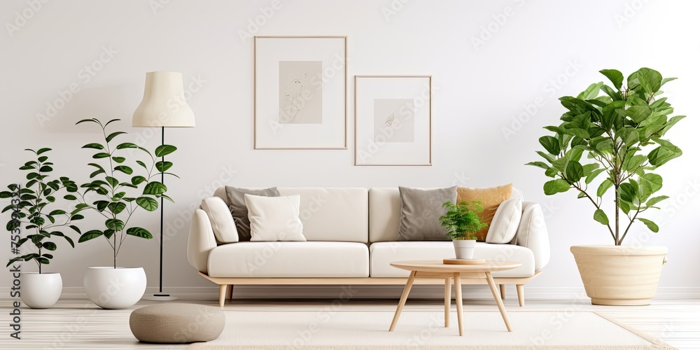 Poster modern scandinavian home interior design with a chic living room featuring a comfortable sofa, mid-c