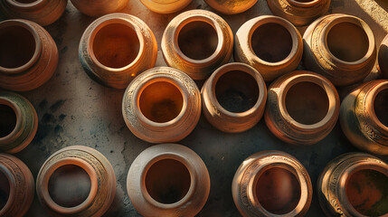 Overhead array of traditional terra cotta pots, showcasing the rustic charm and distressed textures of natural ceramics