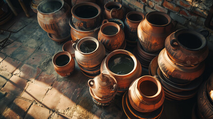 Overhead array of traditional terra cotta pots, showcasing the rustic charm and distressed textures of natural ceramics - obrazy, fototapety, plakaty