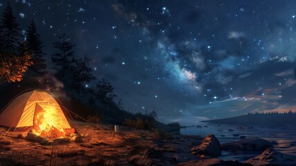 Enjoy the serene ambiance of a campfire and tent under a starry night sky. - obrazy, fototapety, plakaty