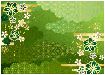 桜、麻の葉模様、和柄、和風、背景、イラスト、かわいい、横型、緑
