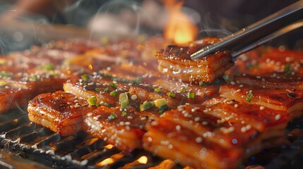 hand to use a pair of tweezers on the grill using his handle. Grilled pork belly on the grill The background is surrounded by a shabu set of fresh meat, vegetables, and Korean style.