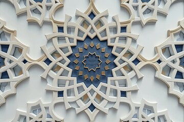 navy blue and beige islamic octagonal ornament with curved pattern on light grey background - obrazy, fototapety, plakaty