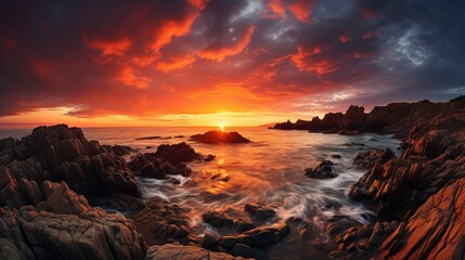 Fototapeta na wymiar Rocky shoreline at sunset, dramatic coast with sky space
