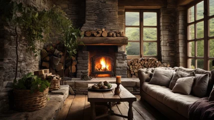 Poster de jardin Texture du bois de chauffage Rustic farmhouse interiors, cozy and inviting textures