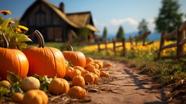 Rustic autumn landscape, pumpkin patch