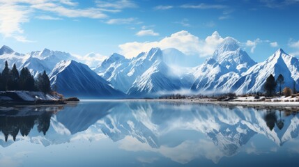 Snow-capped mountains reflecting in a lake, sky area for text - obrazy, fototapety, plakaty