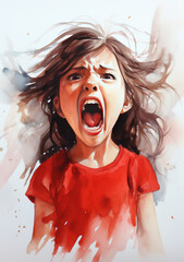Expressive Watercolor Painting of a Screaming Young Girl in Red

