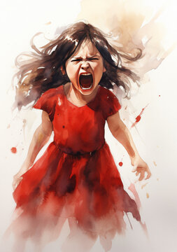 Expressive Watercolor Painting of a Screaming Child in a Red Dress

