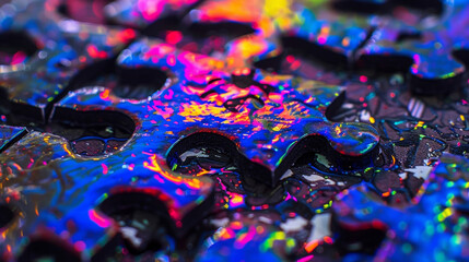 A closeup of a puzzle piece coated in photoluminescent pigment showing how pigment can be a useful and educational tool in teaching children about shapes and colors. - obrazy, fototapety, plakaty