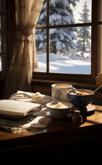 Fototapeta na wymiar Cozy Winter Breakfast Scene by Window with Snow View
