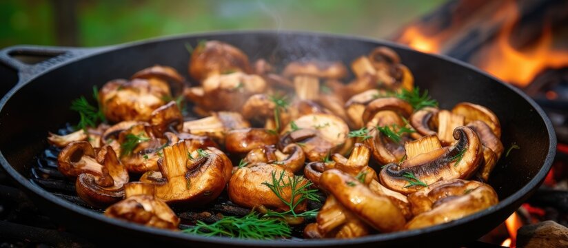Cooking fried mushrooms with onions in a skillet