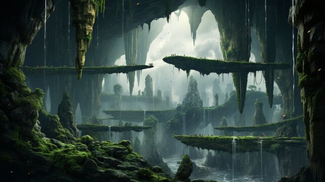 Surreal landscape, floating islands - Powered by Adobe