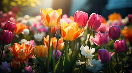 Vibrant tulips in bloom, colorful garden with upper space - obrazy, fototapety, plakaty