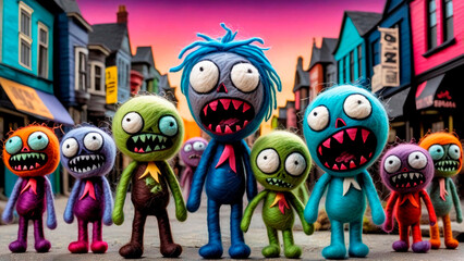 Soft plush zombies filled the streets of the city at dawn - obrazy, fototapety, plakaty