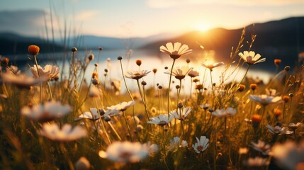 Wildflowers at golden hour, focused foreground with space