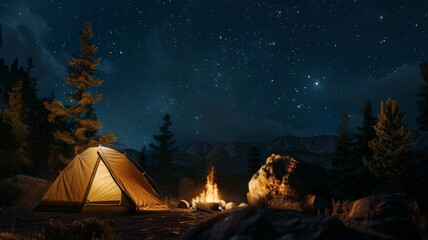 Fototapeta na wymiar Enjoy the serene ambiance of a campfire and tent under a starry night sky.