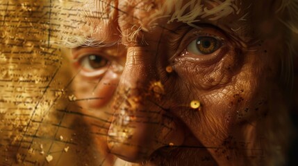 An aging portrait of a mathematician its surface cracked and yellowed with age. The intense gaze of the subject seems to follow the viewer conveying the brilliance and dedication - obrazy, fototapety, plakaty