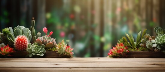 Fototapeta na wymiar Cactus plant on wooden surface with garden backdrop
