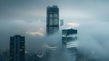 A foggy day in downtown Hong Kong, with skyscrapers towering through the mist.