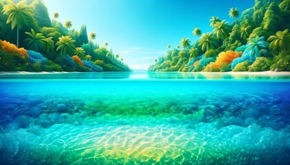 Fototapeta na wymiar Tropical Paradise Underwater View: Crystal Clear Waters and Lush Greenery Inviting Relaxation and Escape