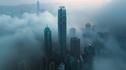 A foggy day in downtown Hong Kong, with skyscrapers towering through the mist.