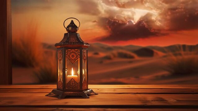 a arabic lantern on desert in the corner side at night copy space, ramadhan, eid mubarak, celebration ramadan festive, seamless looping 4K video animation background