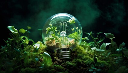 Obraz na płótnie Canvas sustainability with an ecological light bulb illuminating a cityscape adorned with lush green plants, embodies the harmony of renewable energy and environmental preservation