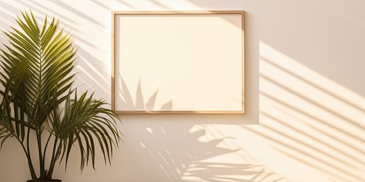 Empty wooden picture frame on beige wall with sunlight, minimal interior design, palm leaf shadow overlay, summer design, no people.