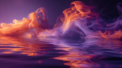 Rich purple and fiery orange smoke, swirling in a dance over a glassy lake - obrazy, fototapety, plakaty
