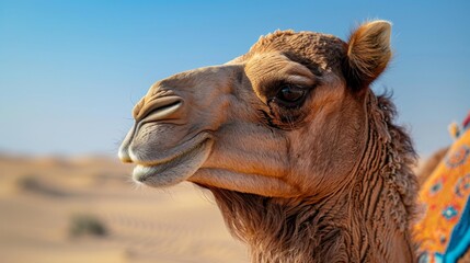 Obraz premium Vibrant camel's face with the expansive desert landscape in the background.